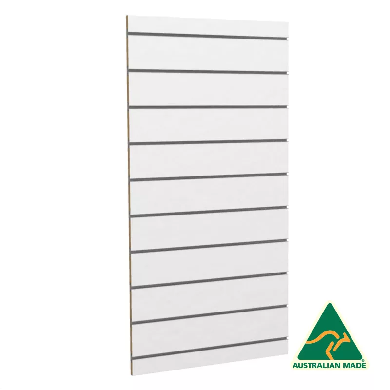 The 600mm White UniSlot Slatwall Back Panel (Side Mount) is designed with sleek white slat panels featuring horizontal grooves and proudly displays the Australian Made logo in the bottom right corner. It's perfect for use as a back panel or for side mounting, offering versatile and stylish organizational solutions.