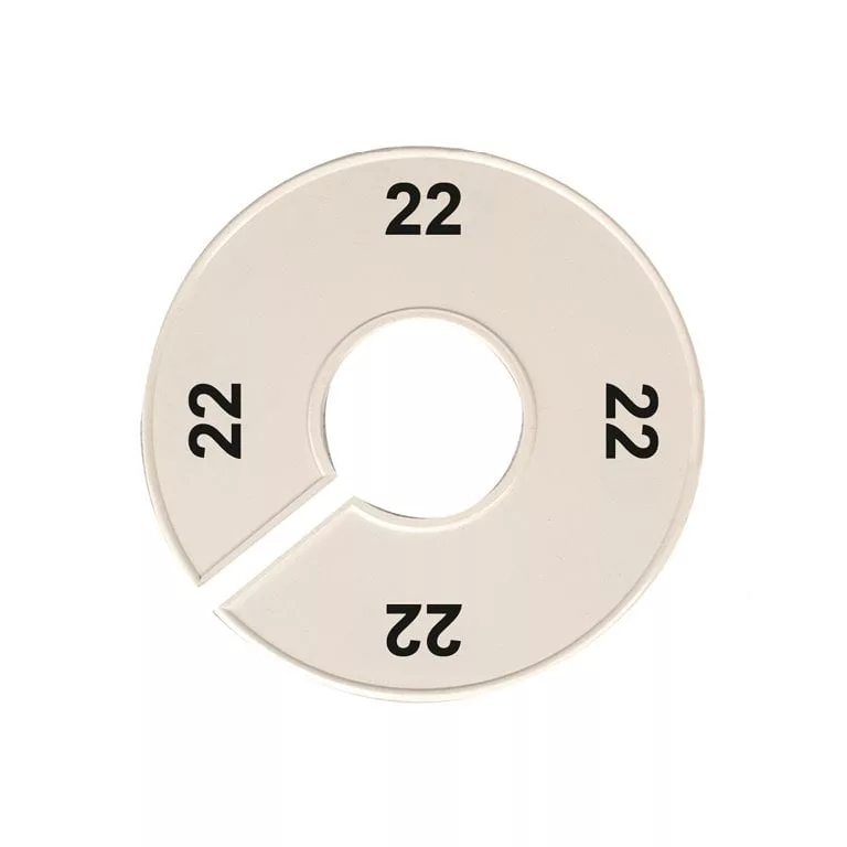 The Size 22 Size Divider is a white circular accessory featuring the number 22 printed four times around it. It includes a single notch along the edge for easy attachment to a clothing rack.