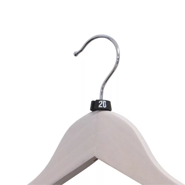Product Display: A classic wooden coat hanger with a metal hook, showcasing a black size marker ring labeled "Size 20 Classic Size Markers" near the base. The plain white background enhances its timeless elegance.