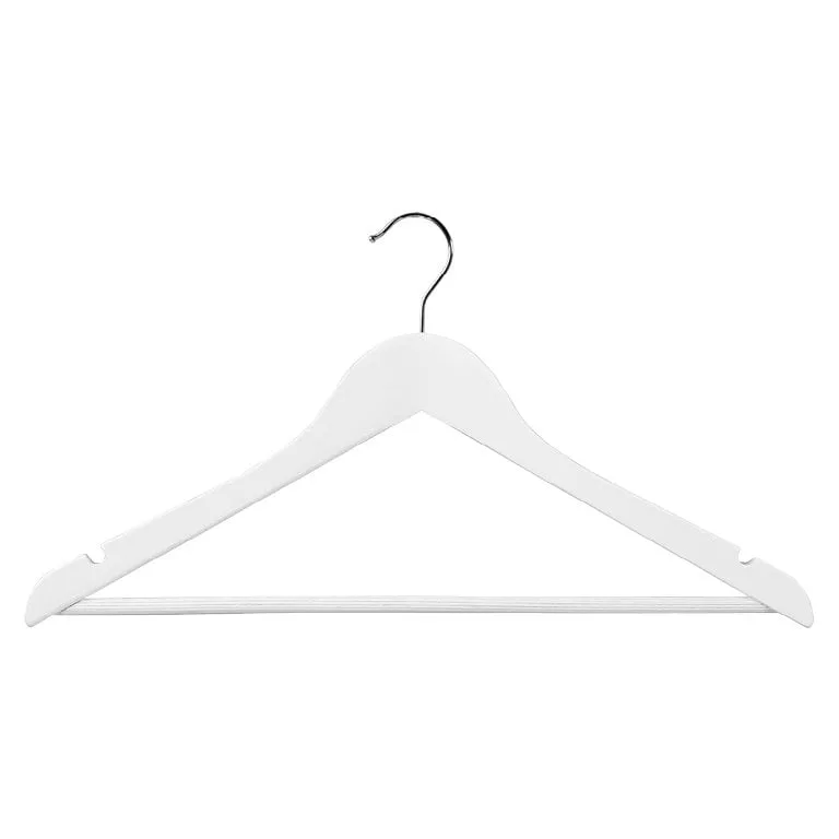 A 440mm White Timber Adult Shirt Hanger featuring a metal hook and horizontal bar for neatly hanging garments.
