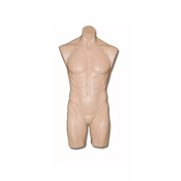 The Skin Male Counterstand Torso is a beige mannequin torso designed for accurate skin tone representation, showcasing well-defined musculature and featuring no arms or legs. It comes with a flat round base, perfect for displaying dynamic neck and shoulder details against a plain white background that emphasizes its striking form.