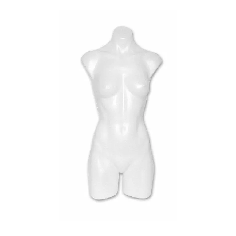 The White Female Counterstand Torso is an armless and legless mannequin designed to display clothing. It features a smooth, minimalistic surface that highlights the silhouette against a simple backdrop.