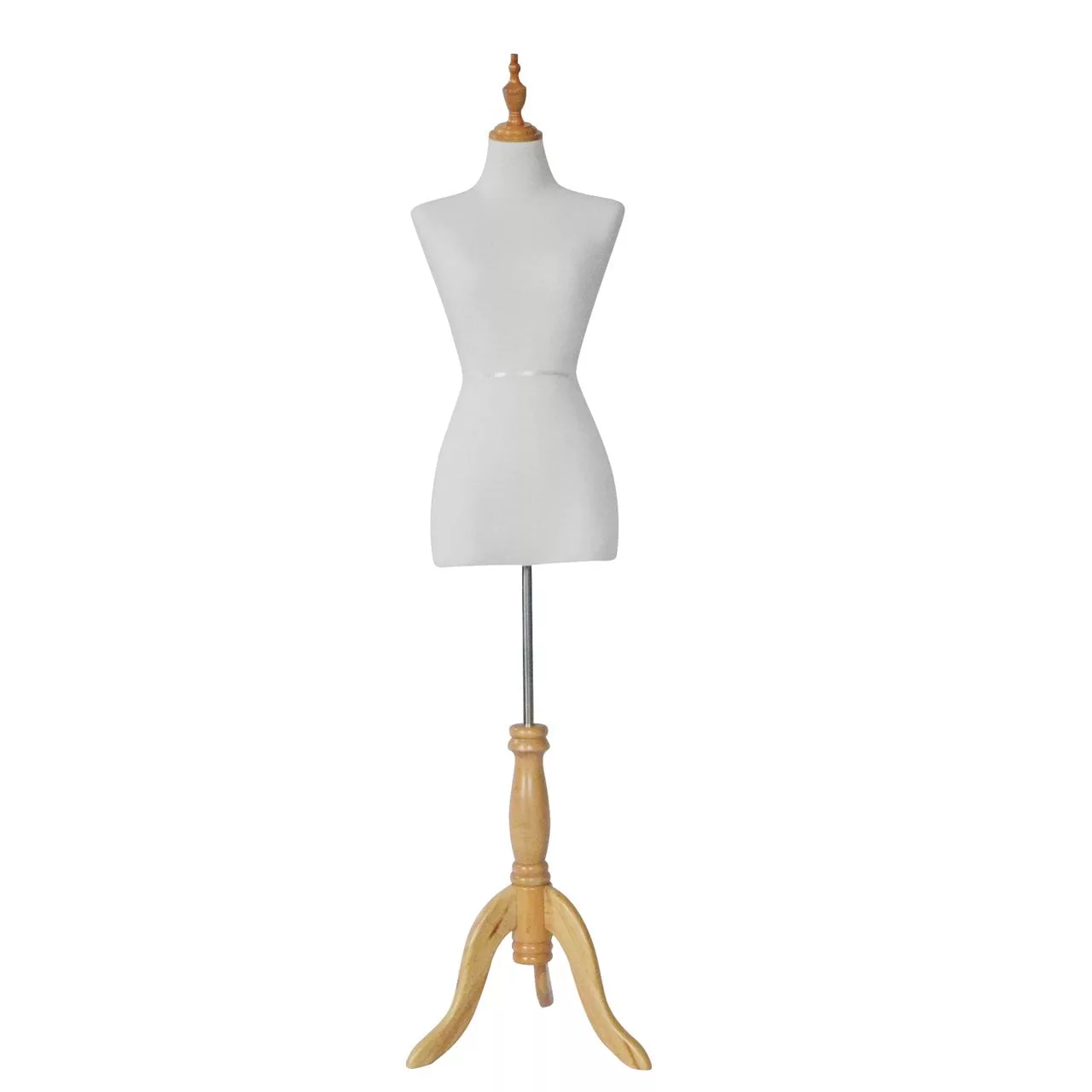 The White Female Fabric Torso on Timber Tripod is a dress form mannequin with a fabric torso supported by a timber tripod base. Designed for dressmaking and tailoring, it has a simple, elegant shape that makes it ideal for any sewing room.