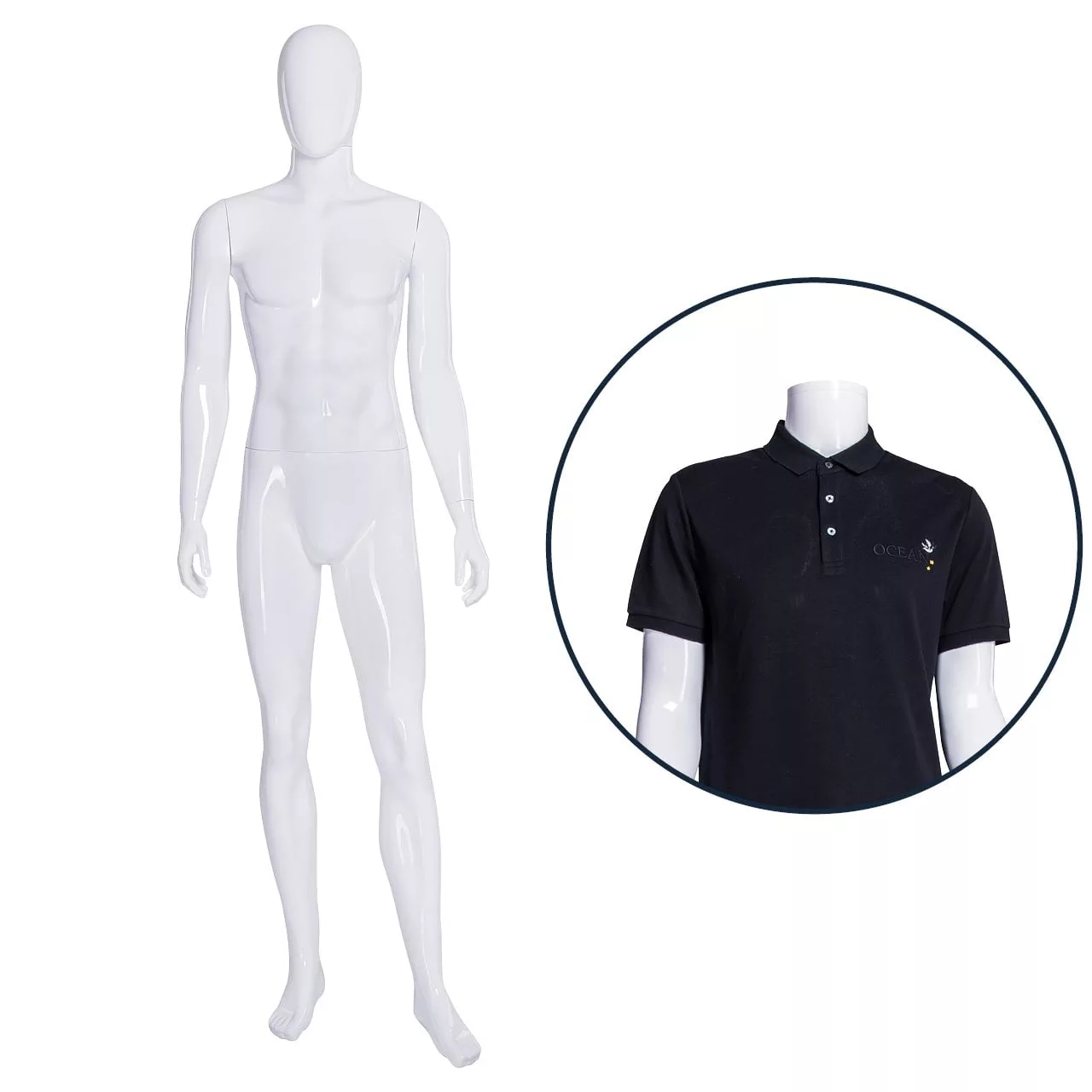 A Percy Plastic Gloss White Male Mannequin stands upright. To its side, a circular inset showcases a close-up of a black polo shirt with a small logo on the chest.