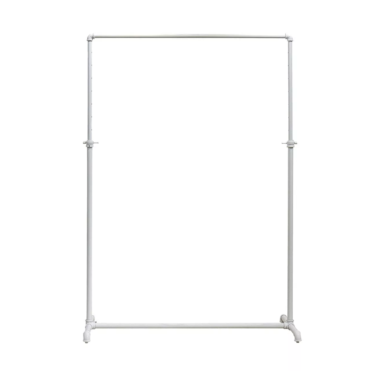 The White Adjustable Pipe Rack is a freestanding unit with a straightforward rectangular design. It features two vertical poles and an adjustable horizontal top bar, making it perfect for hanging clothes. The floor and background are plain and light in color.