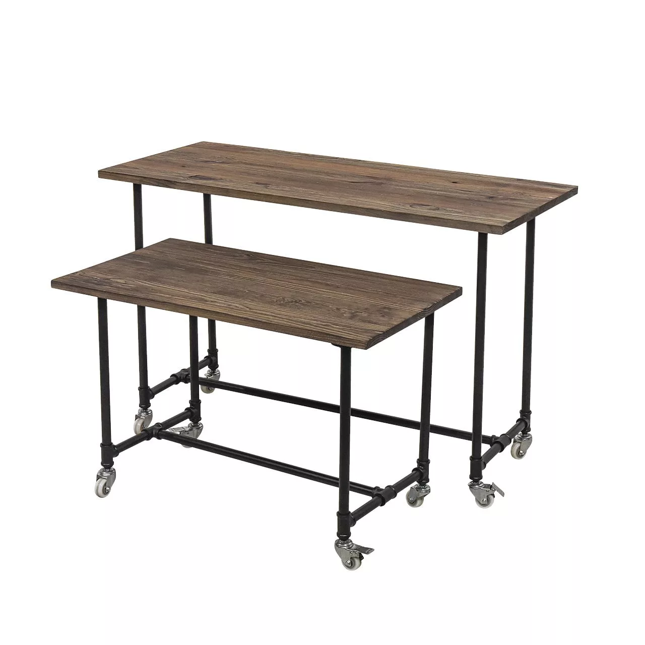 The Large Black Pipe Rack Display Table features two nesting tables with rustic wooden tops and black metal frames, each equipped with four caster wheels for effortless mobility, reminiscent of a sleek display piece.