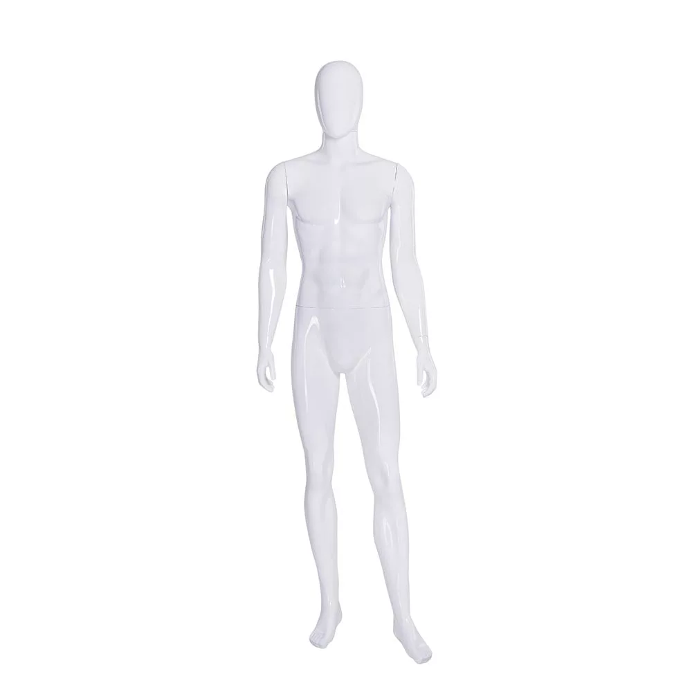 A full-length image of the Percy Plastic Gloss White Male Mannequin standing upright. It features a smooth, featureless face and realistic body proportions, with its arms at its sides and legs slightly apart.