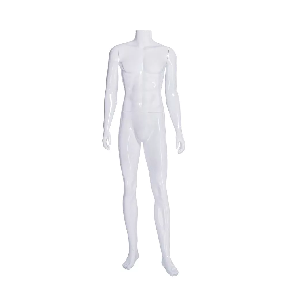 The Percy Plastic Gloss White Male Mannequin stands upright, showcasing its full-body form without clothing or facial features. Its smooth, glossy surface shines against the plain white background, emphasizing the minimalist aesthetic of this figure.