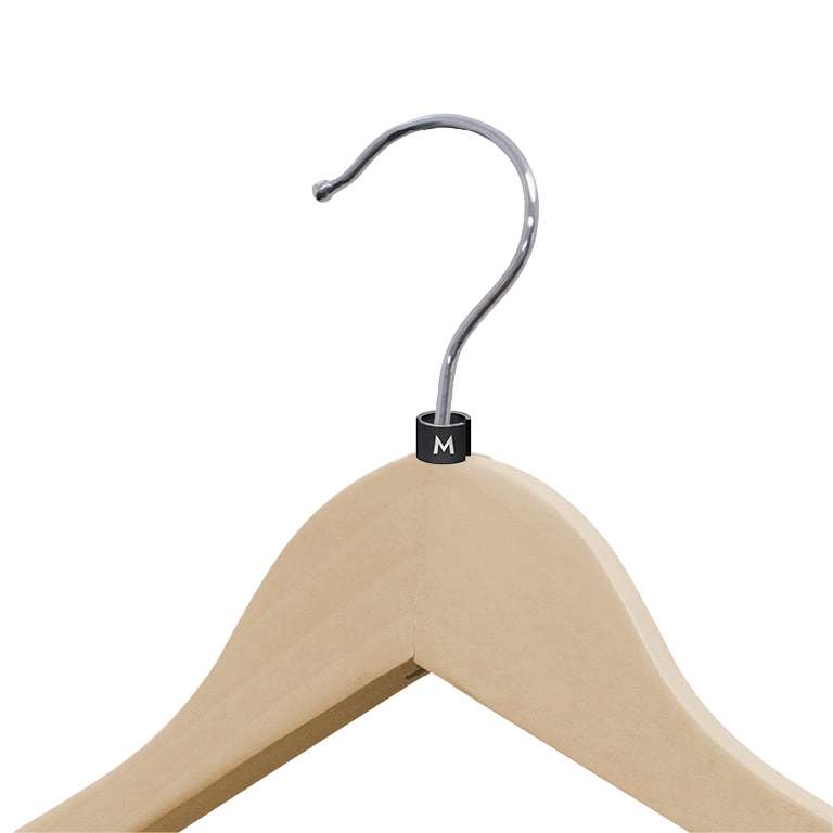 A wooden clothes hanger with a metal hook features a Size M Mini Size Marker, indicating medium size.