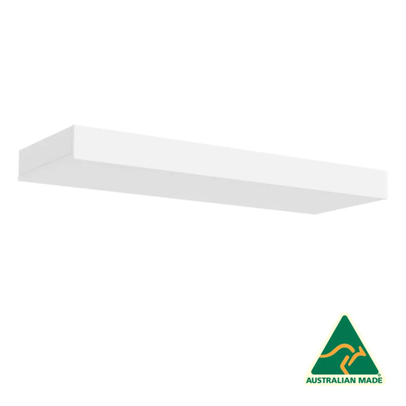 A 1200mm White UniSlot Timber Header Unit against a plain background, highlighted by the green and yellow Australian Made logo with a stylized kangaroo, integrates seamlessly with the white floating shelf for added elegance.