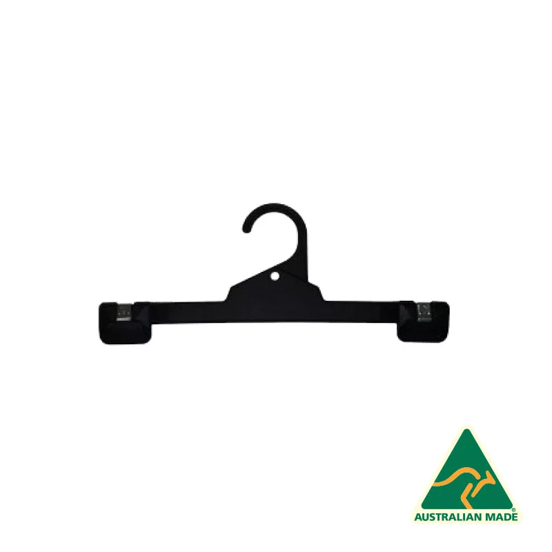 The 310mm Black Adult Longlife Clip Hanger is ideal for hanging pants or skirts, featuring clips on either end. It includes a distinctive green and yellow kangaroo logo with the text "Australian Made" in the bottom right corner, ensuring durability for adult use.