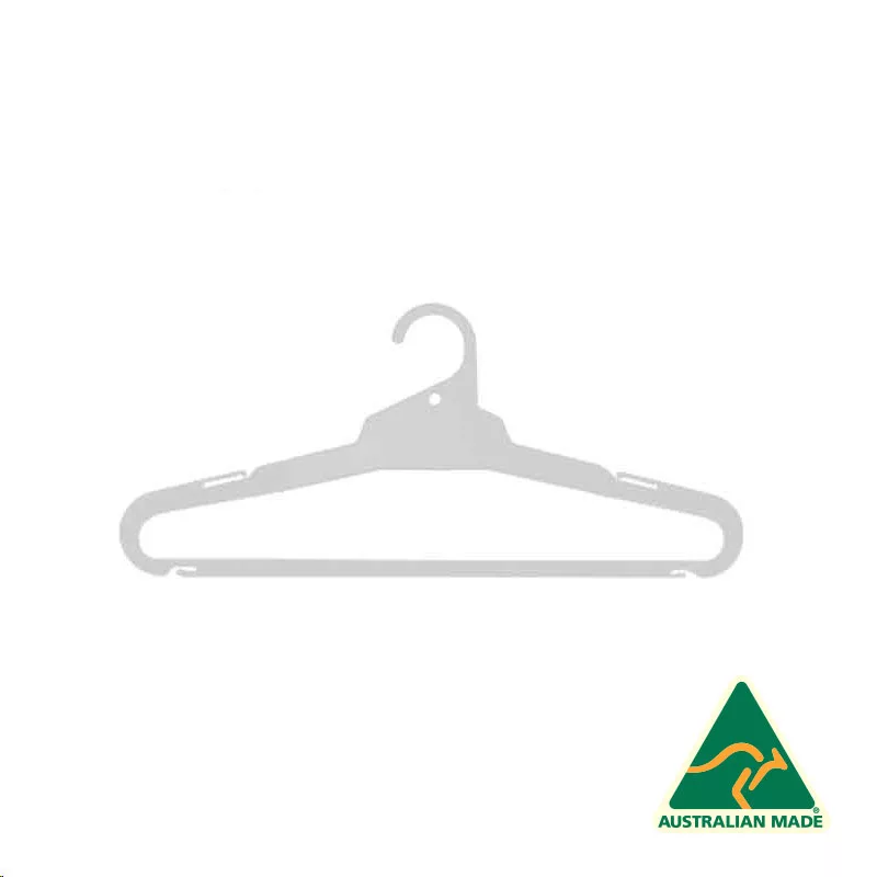 The 430mm White Adult Longlife Shirt Hangers with Bar are crafted from plastic and feature a hook at the top along with a horizontal bar perfect for hanging garments. A green triangle logo, showcasing a kangaroo silhouette and labeled "Australian Made," is located in the bottom right corner. These hangers are ideal for adult shirts, offering both durability and style.