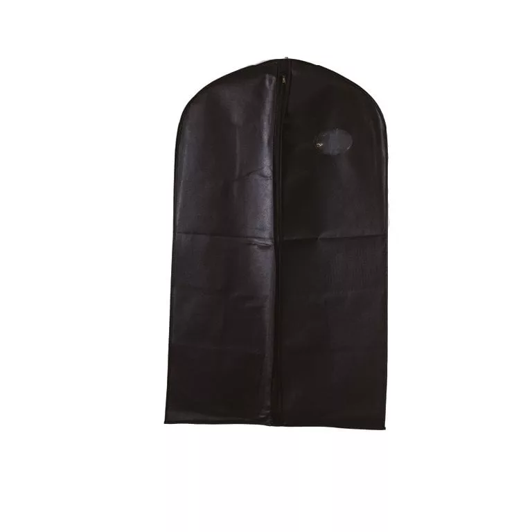 Introducing the Black Non Woven Suit Zip Garment Bag: A stylish black suit bag featuring a central zipper, perfect for storing and protecting your clothing. Set against a white background, this garment bag elegantly stands upright, highlighting its practical design and sleek appearance.