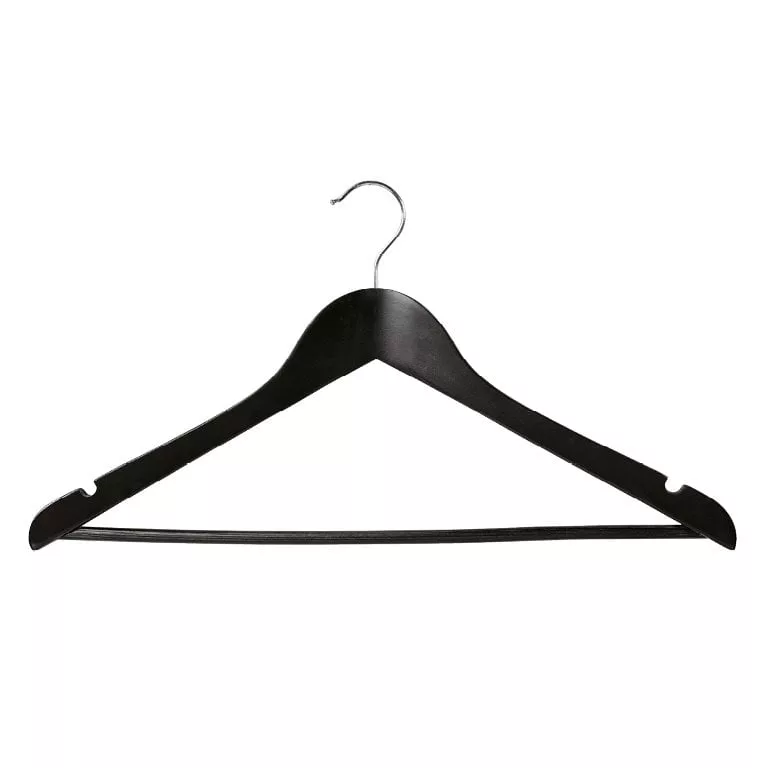 A 440mm Black Timber Adult Shirt Hanger with a metal hook, designed in a classic triangular shape and featuring notches on each side for securing straps.