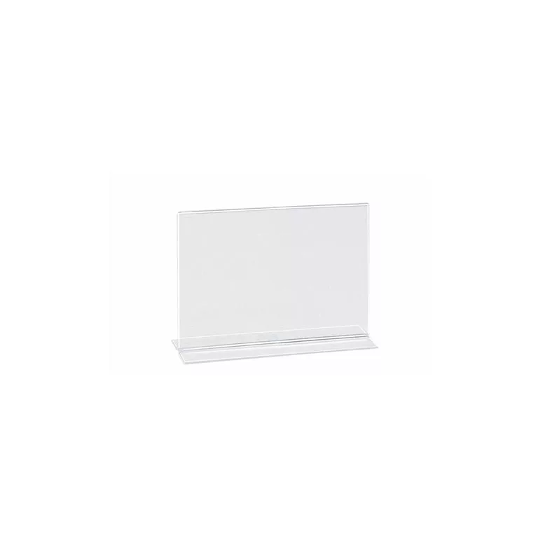 An A5 Landscape Double Sided Vertical Card Holder, designed as a clear, rectangular acrylic display stand with a flat base, stands upright against a white background.
