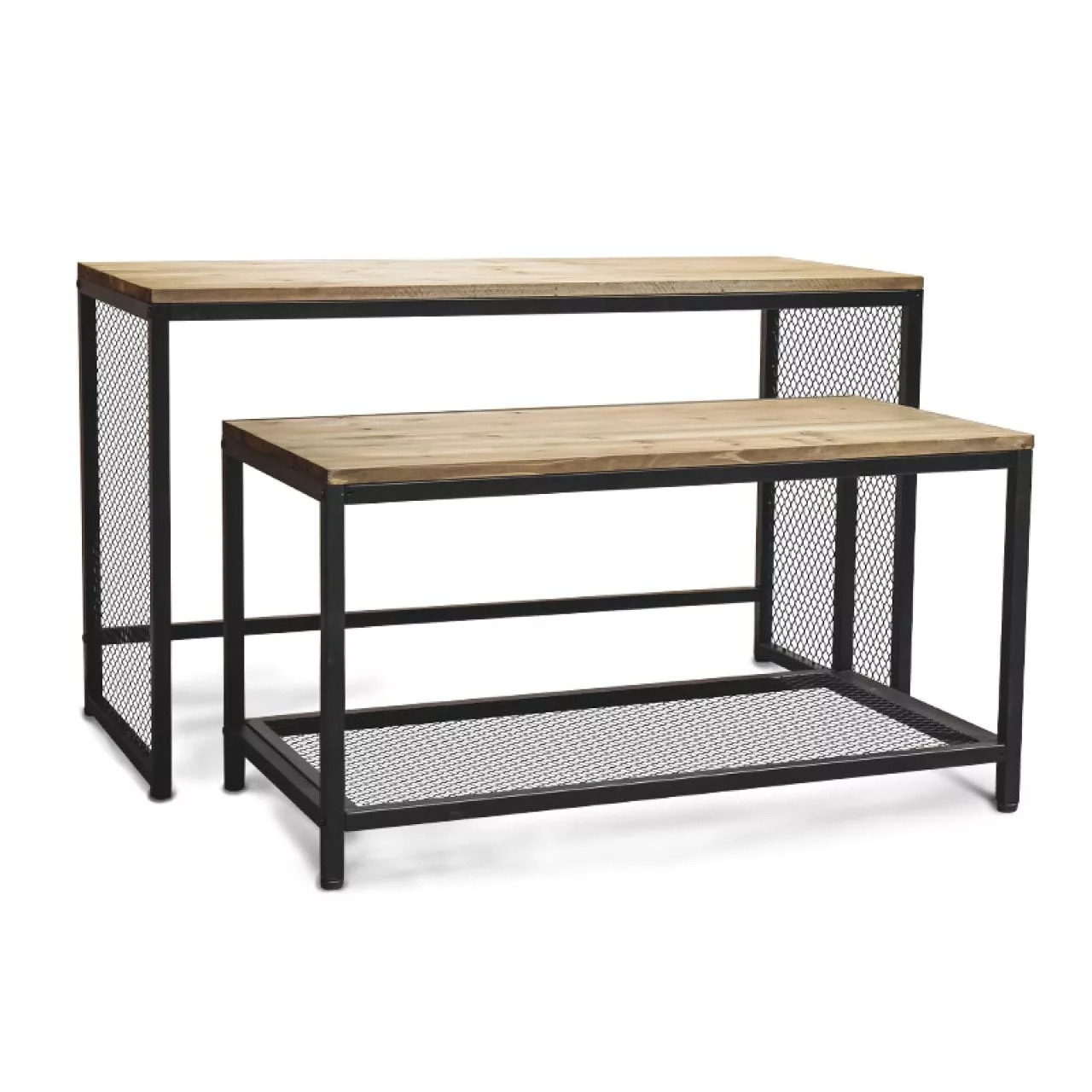 The Industrial Display Table Set includes two modern, industrial-style nesting tables characterized by wooden tops and black metal frames. The larger table is positioned at the back and stands slightly taller than the smaller one in front. Both tables feature a metal mesh design on their sides and bottom shelves, ideal for chic organization.