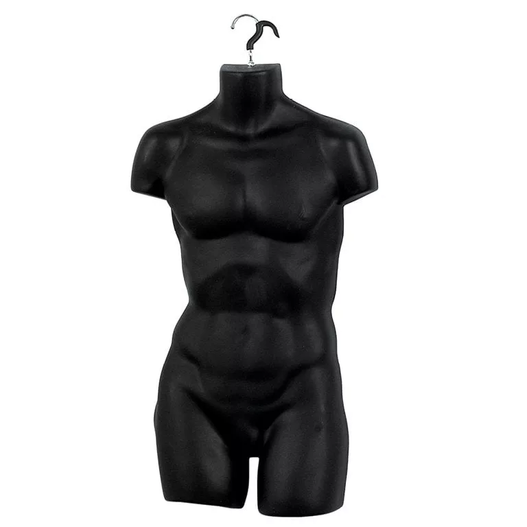 The Black Male Bodyform elegantly hangs, highlighting its muscular physique without arms.