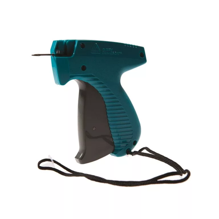 The Premium Avery Dennison MKIII Tagger Gun boasts a bold teal and black design, complete with a needle at the tip and a handy wrist strap. It is expertly crafted for effortlessly attaching labels and tags to products.