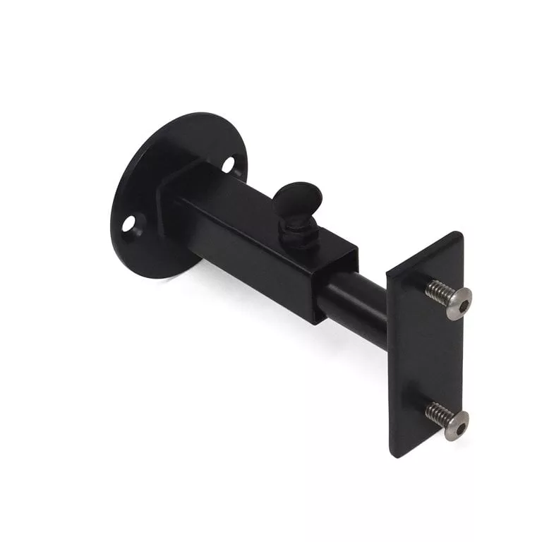 The Black UniSlot Offset Post Mounting Kit, complete with a metal wall mount bracket featuring an adjustable arm and screws, is designed for securing various items like speakers or projectors. It has a circular base with screw holes, ensuring easy and sturdy attachment to any wall surface.