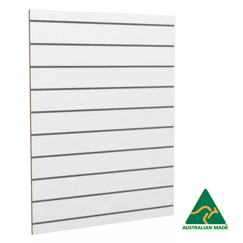 The 900mm White UniSlot Slatwall Back Panel (Side Mount) includes evenly spaced horizontal grooves, making it ideal for side mount applications. It is shown against a minimalist background with the Australian Made logo prominently displayed in the lower right corner.