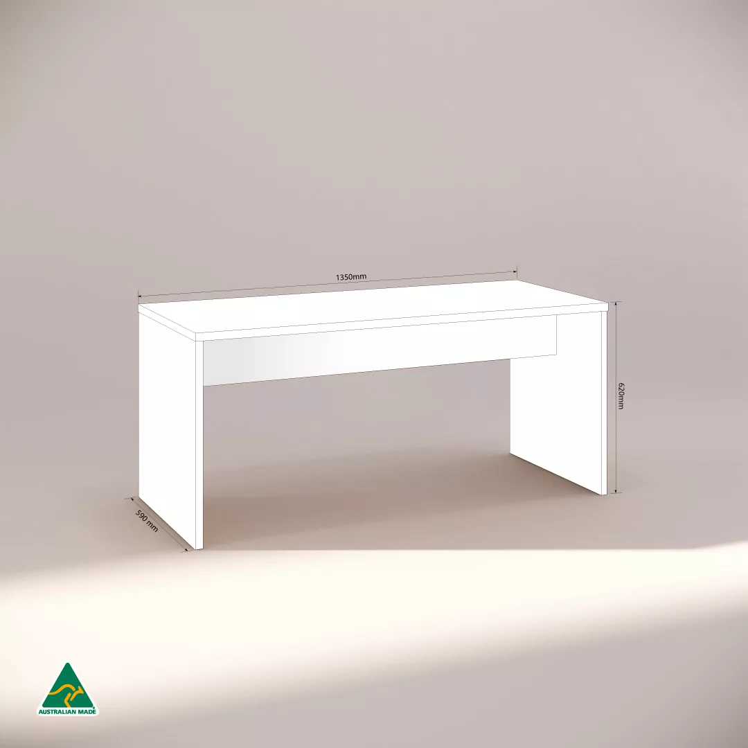 A simple white desk with dimensions marked: 1350mm length, 600mm width, and 725mm height. It stands on a light-colored floor. Theres an Australian Made logo in the lower left corner.
