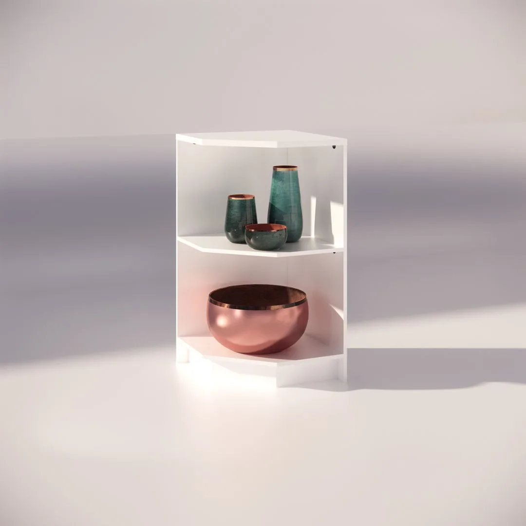 A 1800mm White Timber Counter Shelf Kit, crafted from sleek white timber, stylishly displays an assortment of teal and copper ceramic vases and bowls. This two-tier shelf elegantly organizes the pieces under soft lighting that accentuates their glossy finishes.