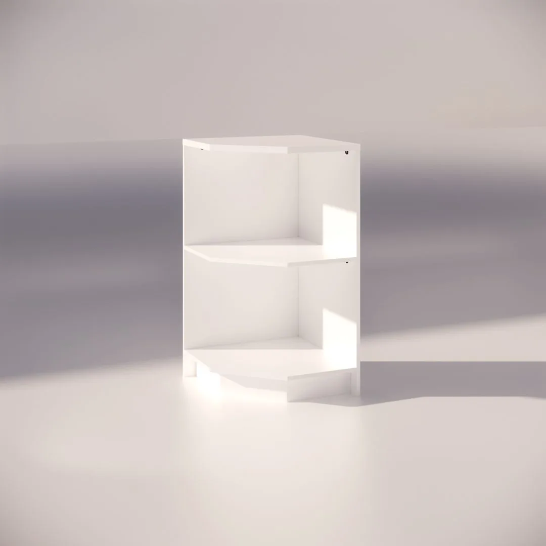 A white, three-tiered, corner shelf stands against a plain background. The shelf has a minimalist design with sharp angles and open sides, allowing light to create subtle shadows.