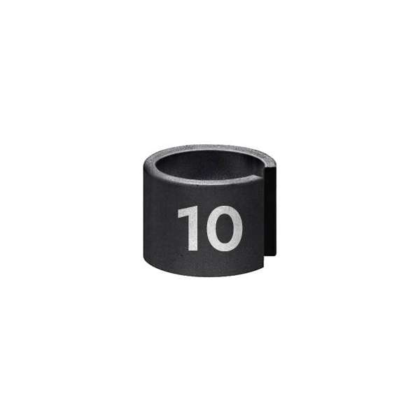 A black, cylindrical holder with a slot and the number 10 written on it in white.