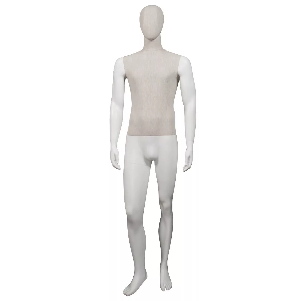 The Marco Fabric and Fibreglass Male Mannequin, featuring a white fibreglass construction and a light beige textured upper torso, stands upright. It lacks facial features and is set against a plain white background.