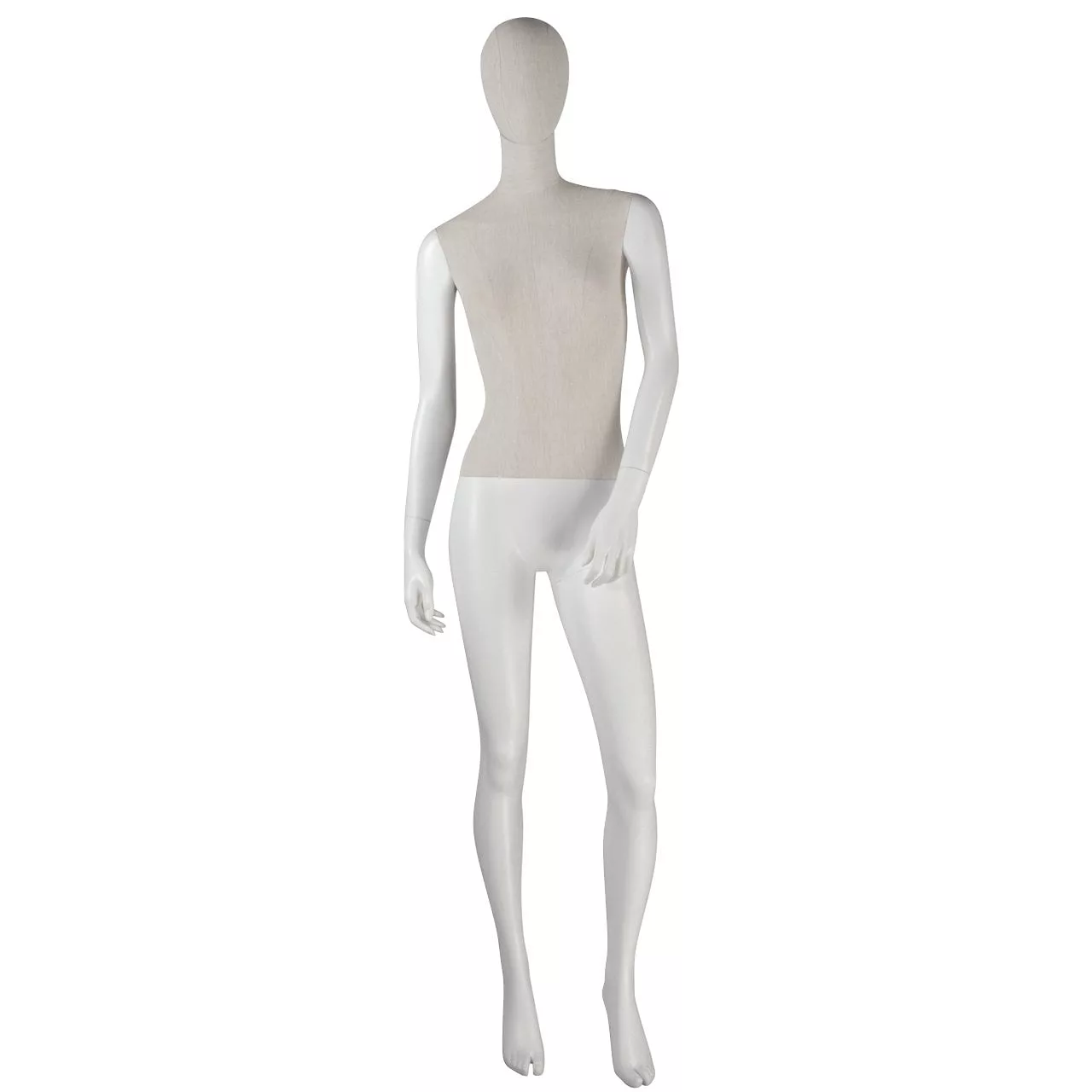 The Mia Fabric and Fibreglass Female Mannequin, a white, full-body piece, is displayed standing upright against a plain white background. This mannequin is in a neutral pose and lacks distinct facial details.