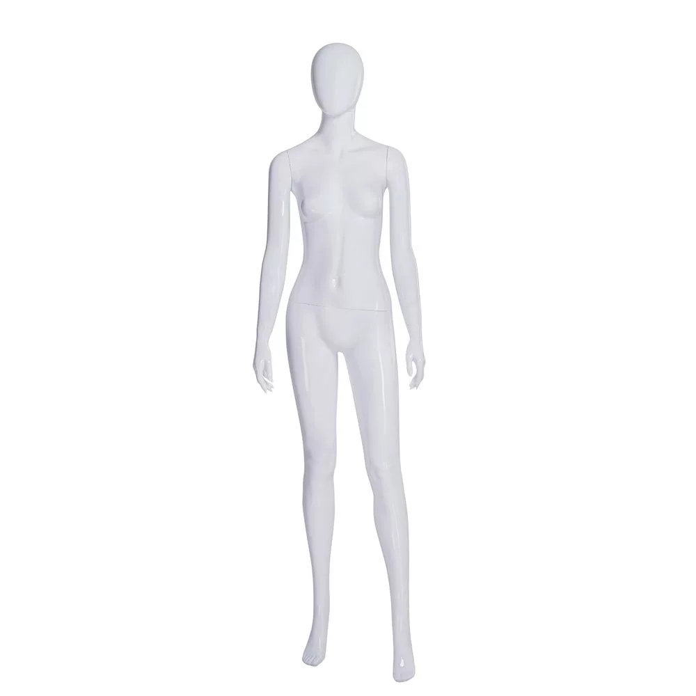The Patsy Pose 1 Plastic Gloss White Female Mannequin is standing upright with its arms slightly away from its sides, against a plain white background. This featureless mannequin has a blank face and a gloss white finish.