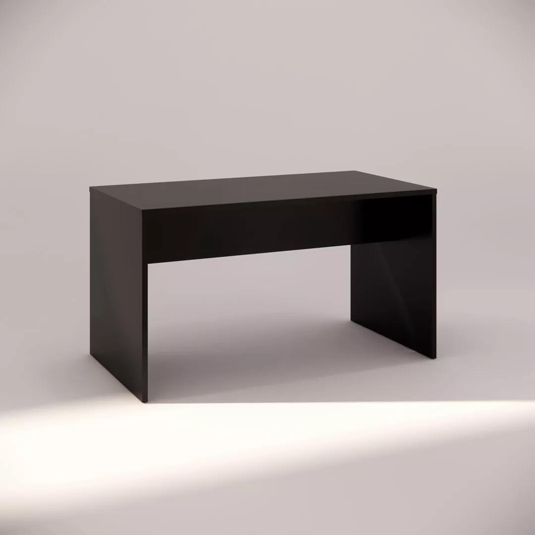 A sleek, modern black desk with clean lines and a minimalistic design is placed against a neutral background. The desk has a flat surface and simple rectangular legs, creating a contemporary look.