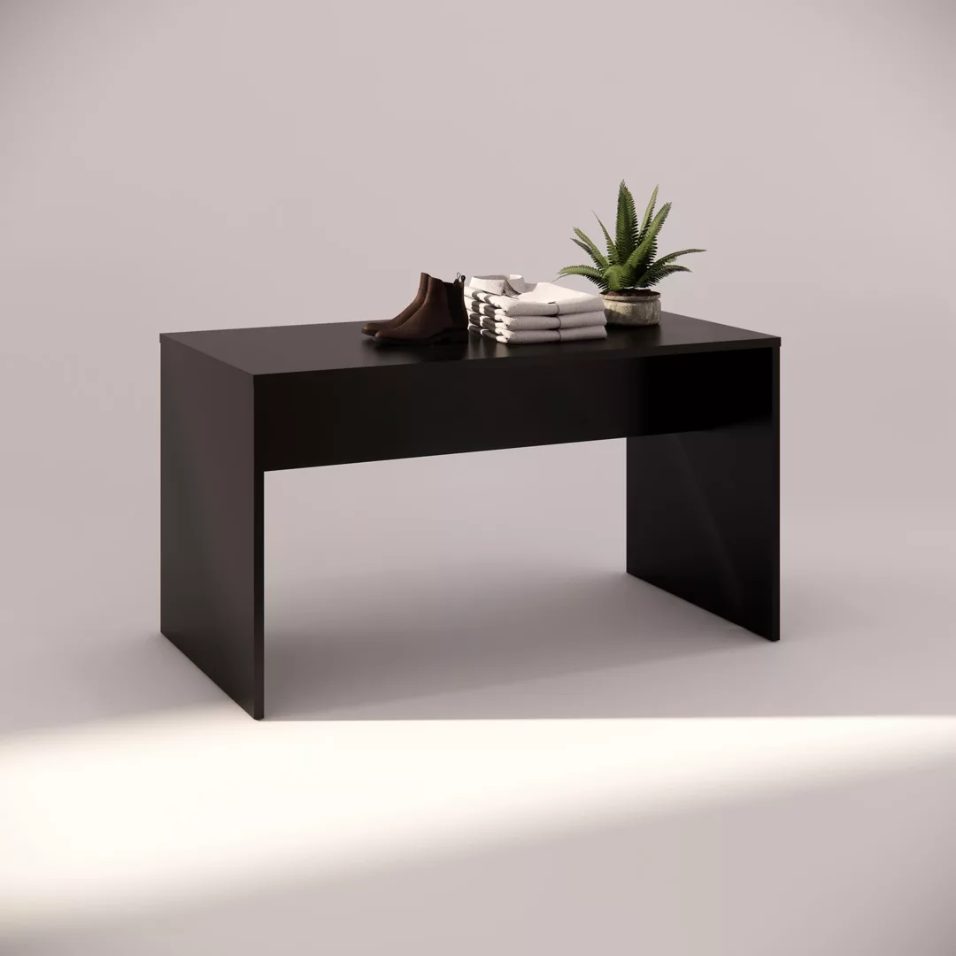A minimalist black rectangular table with a pair of brown boots, folded white towels, and a small potted green plant. The scene is well-lit against a plain backdrop.