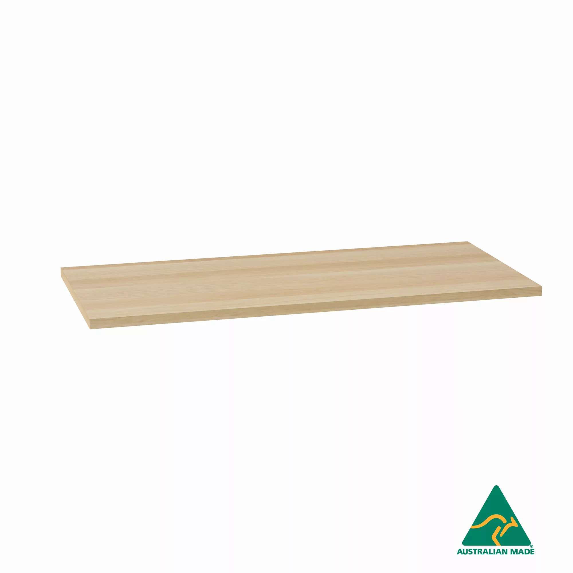 The 1200mm Native Oak Timber Counter Shelf, with its light wood finish, is depicted against a white background. Highlighted in the bottom right corner is a green and yellow Australian Made logo, signifying its origin.