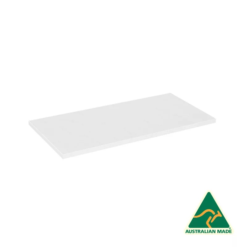 A plain rectangular white sheet against a white background showcases a minimalist design. In the bottom right corner, you'll find the Australian Made logo with a green kangaroo inside a gold triangle, similar to what you'd see on the elegant 290x600mm White Timber Shelf.