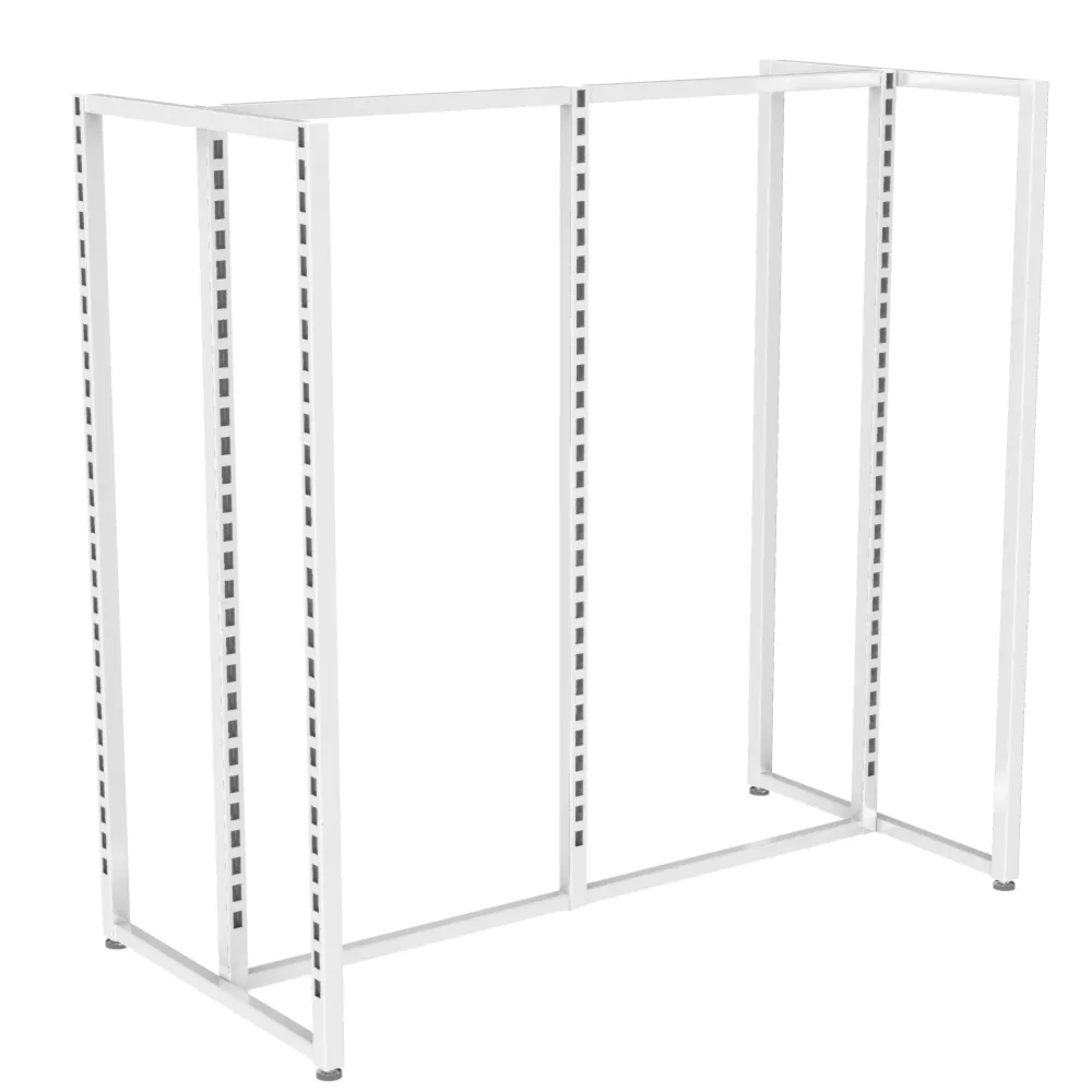 The UniSlot Gondola Frame is a white metal shelving structure with adjustable slots, designed to stand on a flat surface. Its open design, similar to a sleek gondola, allows for customizable storage solutions without any panels or shelves installed.