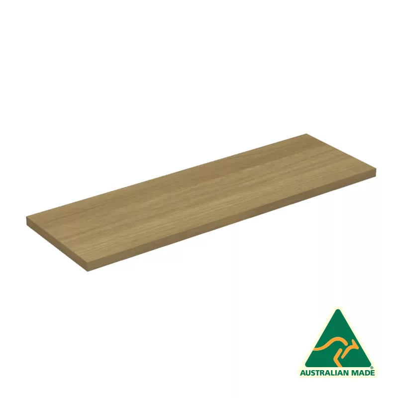 A 290x900mm Native Oak UniSlot Timber Shelf with a natural finish is displayed on a white background. In the bottom right corner, there's a green triangular logo featuring a kangaroo silhouette and the text AUSTRALIAN MADE.