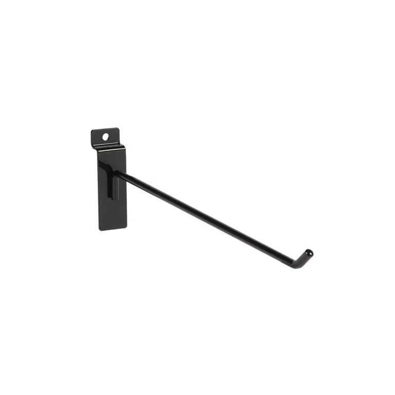 A single metal wall hook with a flat mounting plate and an angled hook extending outwards, designed for hanging tools or items. The hook is black and shown on a white background.